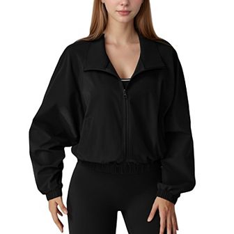 Women's Zip-Up Activewear Jacket with High Collar Long Sleeves and Relaxed Elastic Hem