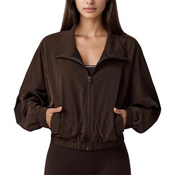 Women's Zip-Up Activewear Jacket with High Collar Long Sleeves and Relaxed Elastic Hem