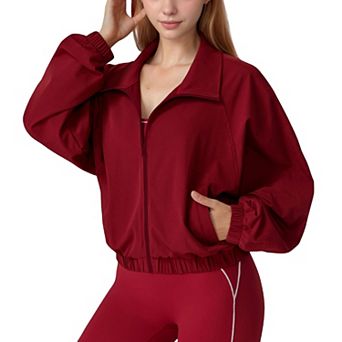 Women's Zip-Up Activewear Jacket with High Collar Long Sleeves and Relaxed Elastic Hem