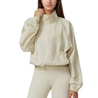 Women's Zip-Up Activewear Jacket with High Collar Long Sleeves and Relaxed Elastic Hem
