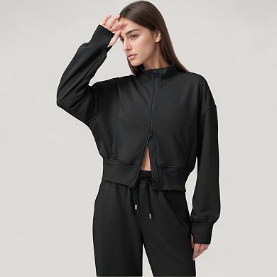 Women's Cropped Zip-Up Jacket with High Collar and Long Sleeves
