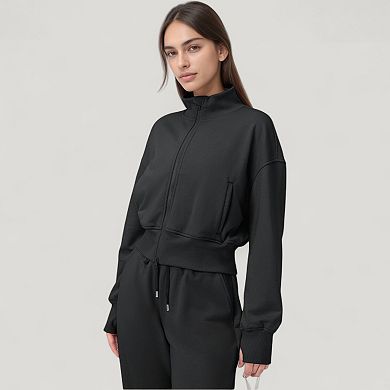 Women's Cropped Zip-Up Jacket with High Collar and Long Sleeves