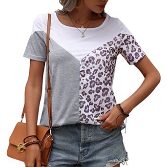 Women's Short Sleeve Color Block Leopard Print Patchwork Casual T-Shirt