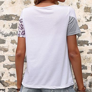 Women's Short Sleeve Color Block Leopard Print Patchwork Casual T-Shirt