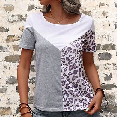 Women's Short Sleeve Color Block Leopard Print Patchwork Casual T-Shirt
