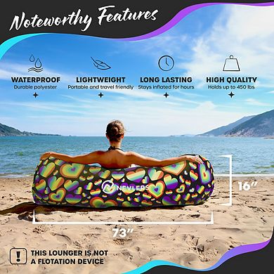 Nevlers Rainbow Heart Inflatable Lounger with Travel Bag and Pockets