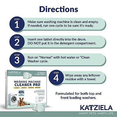 Katziela Washing Machine Cleaner Tablets 24 Pro Version (40% More Cleaning Power) for Pet Owners