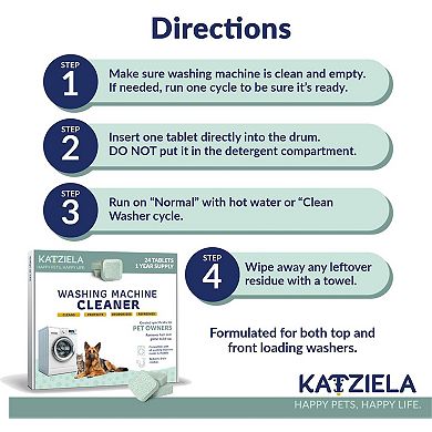 Katziela Washing Machine Cleaner Tablets 24 Pack (12-Month Supply) Formulated for Pet Owners