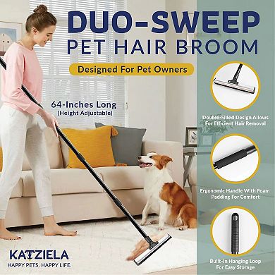Katziela DuoSweep Broom Dual-Sided Pet Hair Remover with Metal Rubber Blade