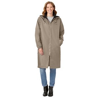 Woman Within Plus Size Mid-Length Fleece-Lined Raincoat With Zip-Off Hood