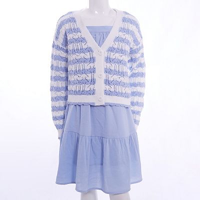 Girls 7-16 Mini Society Pointelle Cardigan & Dress Set, Girl's, Size: Medium, Blue
