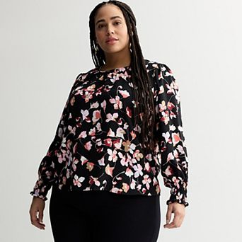Plus Size Nine West Long Sleeve Shirred Blouse
