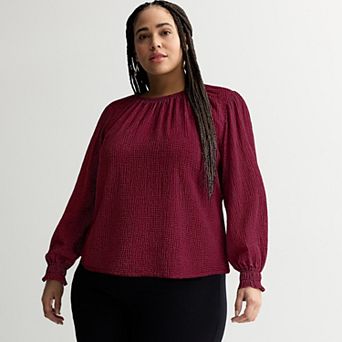 Plus Size Nine West Long Sleeve Shirred Blouse