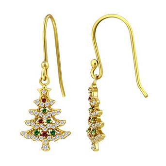 Aleure Precioso Sterling Silver Cubic Zirconia Christmas Tree Drop Earrings