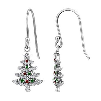 Aleure Precioso Sterling Silver Cubic Zirconia Christmas Tree Drop Earrings