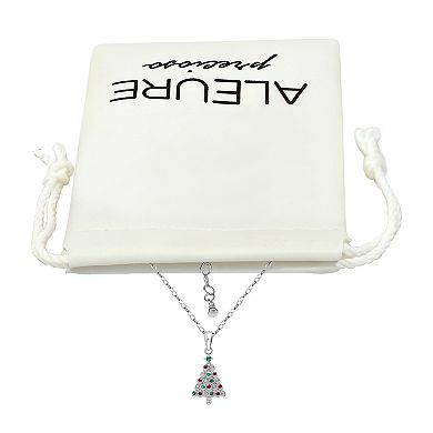 Aleure Precioso Sterling Silver Cubic Zirconia Decorated Christmas Tree Pendant Necklace