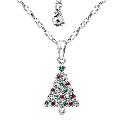 Aleure Precioso Sterling Silver Cubic Zirconia Decorated Christmas Tree Pendant Necklace