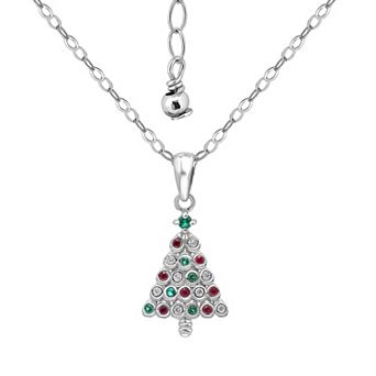 Aleure Precioso Sterling Silver Cubic Zirconia Decorated Christmas Tree Pendant Necklace