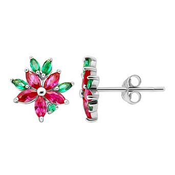 Aleure Precioso Sterling Silver Cubic Zirconia Poinsettia Stud Earrings