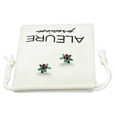 Aleure Precioso Sterling Silver Cubic Zirconia Holly Berries Stud Earrings