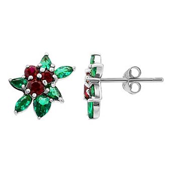 Aleure Precioso Sterling Silver Cubic Zirconia Holly Berries Stud Earrings