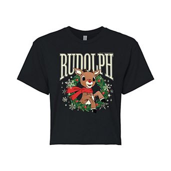 Juniors' Rudolph The Red-Nosed Reindeer Wreath Cropped Graphic Tee