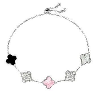 Brilliance Silver-Plated Simulated Black Onyx & Cubic Zirconia Clover Adjustable Bracelet