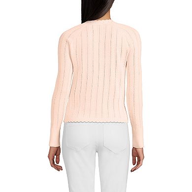Women's Lands' End Cotton Pointelle Satin Trim Cardigan Sweater