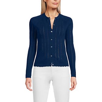 Women's Lands' End Cotton Pointelle Satin Trim Cardigan Sweater