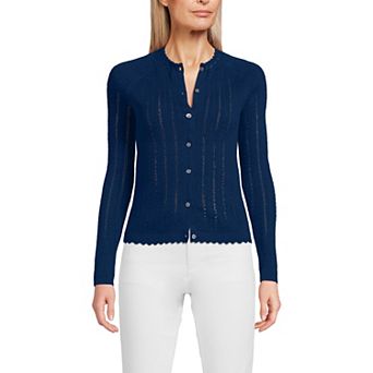 Women's Lands' End Cotton Pointelle Satin Trim Cardigan Sweater