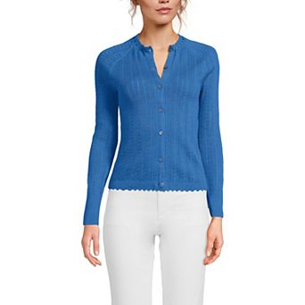 Women's Lands' End Cotton Pointelle Satin Trim Cardigan Sweater