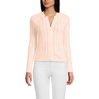 Women's Lands' End Cotton Pointelle Satin Trim Cardigan Sweater
