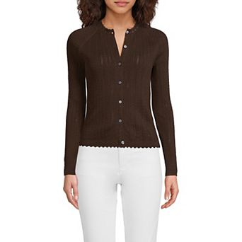 Women's Lands' End Cotton Pointelle Satin Trim Cardigan Sweater