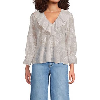 Women's Lands' End Feminine Ruffle Chiffon V-Neck Blouse