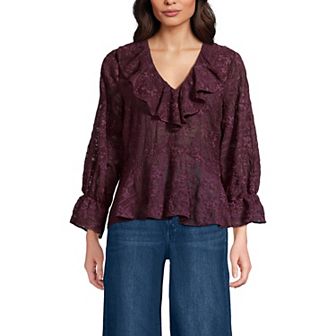 Women's Lands' End Feminine Ruffle Chiffon V-Neck Blouse