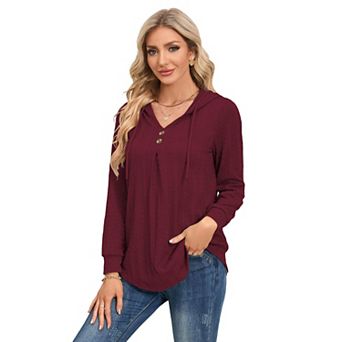 Hoodies for Women Long Sleeve Shirts Loose Fit Pullover V Neck Tops Button Casual Sweatshirts