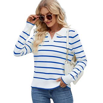Women Long Sleeve Polo Sweater V Neck Knitted Tops Casual Ribbed Shirt Loose Pullover Sweater