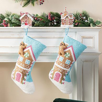 Glitzhome 21"L Hooked Gingerbread House Stocking, Christmas Hanging Wall Decor