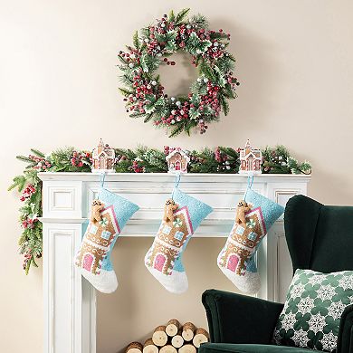 Glitzhome 21"L Hooked Gingerbread House Stocking, Christmas Hanging Wall Decor