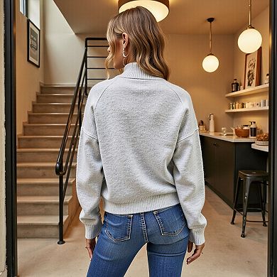 Women's Knit Pullover Sweater with Button Collar and Long Sleeves