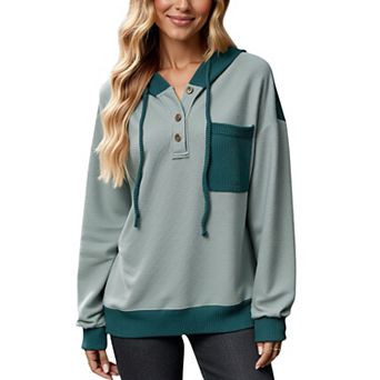 Women's Button Front Hooded Pullover with Front Pocket and Ribbed Trim