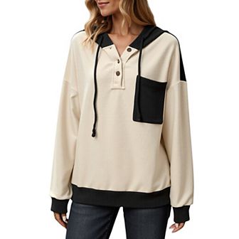 Women's Button Front Hooded Pullover with Front Pocket and Ribbed Trim
