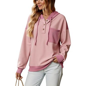 Women's Button Front Hooded Pullover with Front Pocket and Ribbed Trim