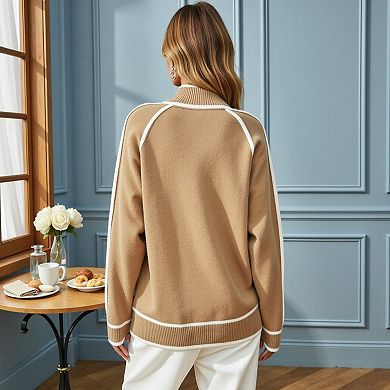 Women's Long Sleeve Knit Sweater with Contrast Trim and Mock Neck