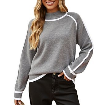 Women's Long Sleeve Knit Sweater with Contrast Trim and Mock Neck