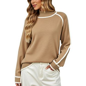 Women's Long Sleeve Knit Sweater with Contrast Trim and Mock Neck