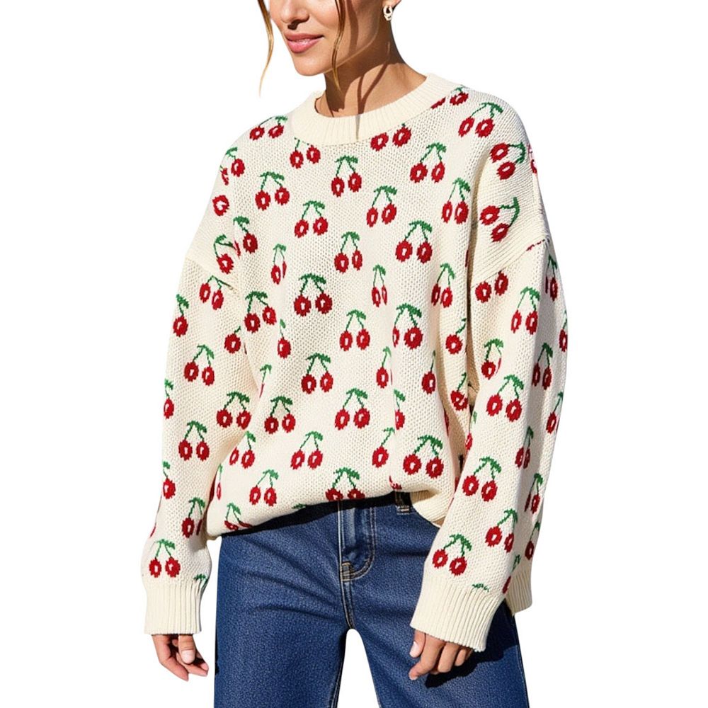 Women's Long Sleeve Pullover Knit Sweater with Cherry Pattern