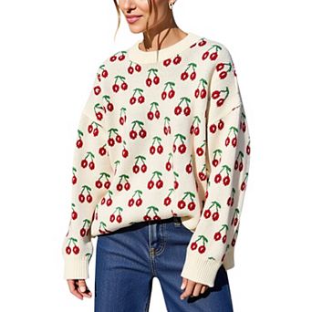 Women's Long Sleeve Pullover Knit Sweater with Cherry Pattern