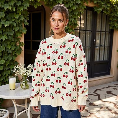 Women's Long Sleeve Pullover Knit Sweater with Cherry Pattern