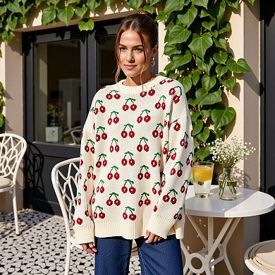 Women's Long Sleeve Pullover Knit Sweater with Cherry Pattern
